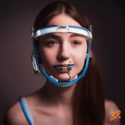Young woman with orthodontic headgear braces walking down a peaceful street on Craiyon