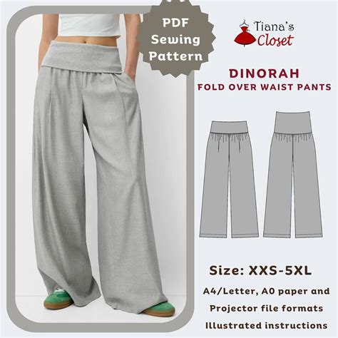 Dinorah Wide Leg Pants Sewing Pattern: Fold Over Waist (XXS-5XL ...