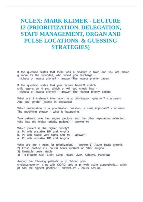 NCLEX: MARK KLIMEK - LECTURE 12 (PRIORITIZATION, DELEGATION, STAFF ...