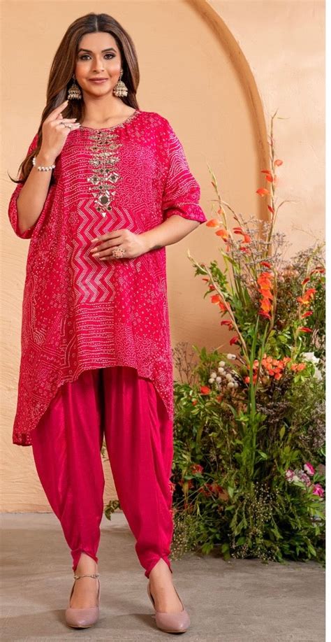 Kaftan Kurti with Tulip Pant in Pure Dola Silk with Manual Mirror Embr ...