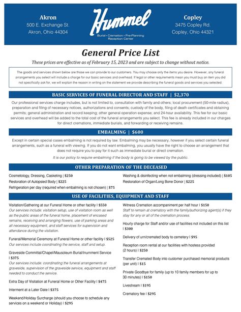 General Price List | Hummel Funeral Homes