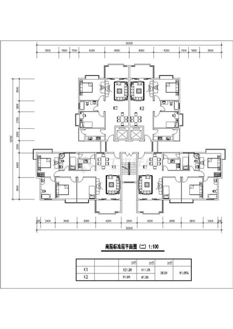 西安大宁山庄小区121+91平米标准层对称户型设计CAD图纸（1梯4户）_住宅小区_土木在线