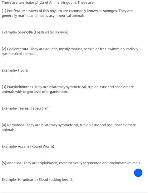 name major phyla of animal kingdom. write down one character and one ...