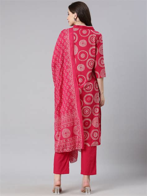 Neerus Rani pink Printed Straight Kurta and Trousers With Dupatta ...