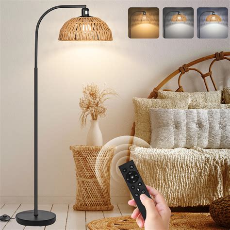 Rattan Floor Lamp- Boho Standing Lamp with Remote Control and Dimmable ...