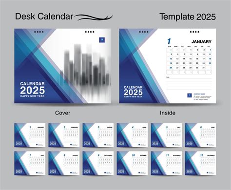 Desk Calendar 2025 template set and Blue polygon cover design, Set of 12 Months, creative ...