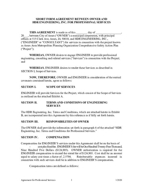 Fillable Online Agreement Between Owner and Hdr Engineering, Inc. Fax ...