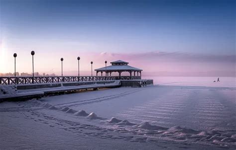 Wallpaper winter, sea, the sky, snow, dawn, shore, morning, pier for ...