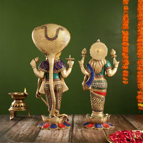 Brass Vishnu and Lakshmi Statues Handcrafted 17 Inch | Budhshiv.com