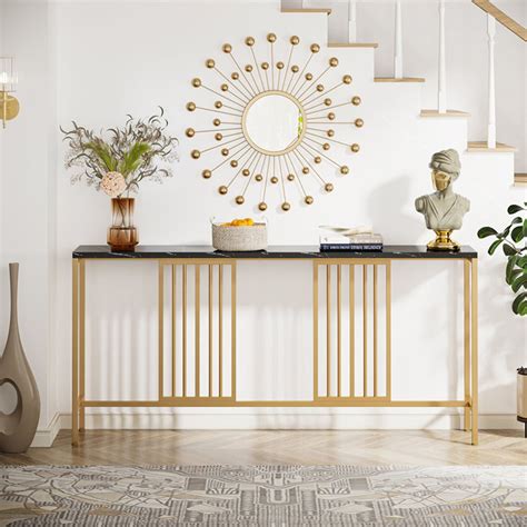 Narrow Long Faux Black Marble Gold Console Table – Homcraft