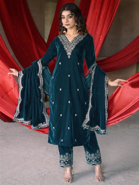 Buy Teal Blue Embroidered Velvet Straight Suit With Dupatta Online at ...