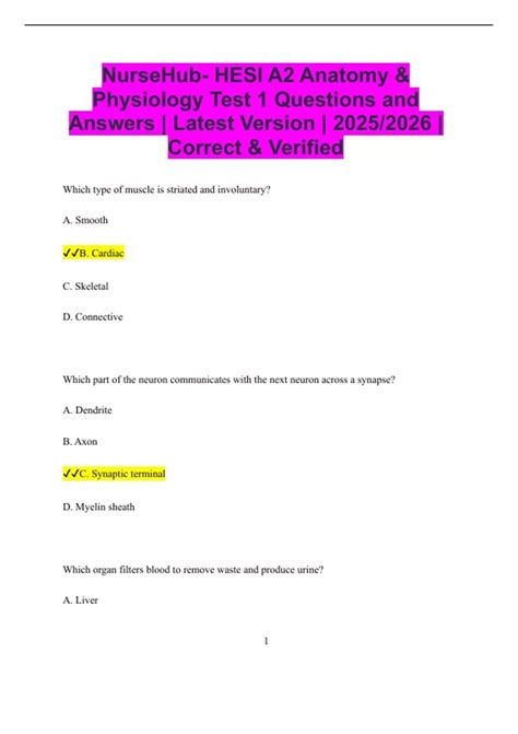 NurseHub- HESI A2 Anatomy & Physiology Test 1 Questions and Answers ...