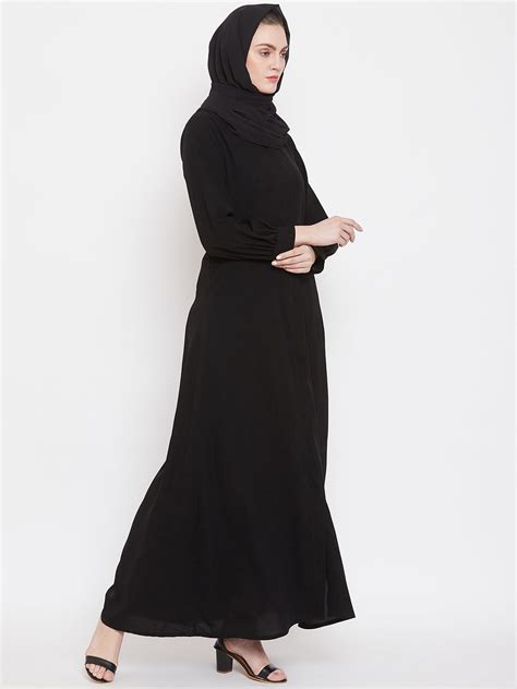 Nabia Women Black Solid Front Open Abaya with Georgette Scarf
