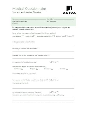 Medical Questionnaire for Stomach and Intestinal Disorders - Blank ...