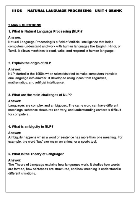 DS NATURAL LANGUAGE PROCESSING UNIT 1 QBANK: KEY CONCEPTS & CHALLENGES ...