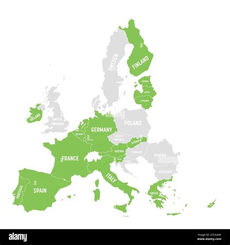 Map of Eurozone. States using Euro currency. Grey vector map of EU member states with green ...