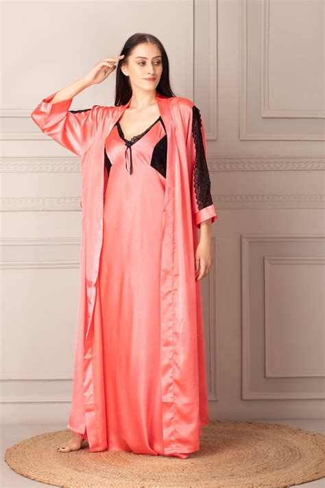 Peach Long Nightgown set in Plain Satin From Private Lives