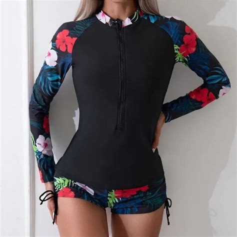 Female Swimsuit With Long Sleeves Swimwear Sports Surfing Tankini Set ...
