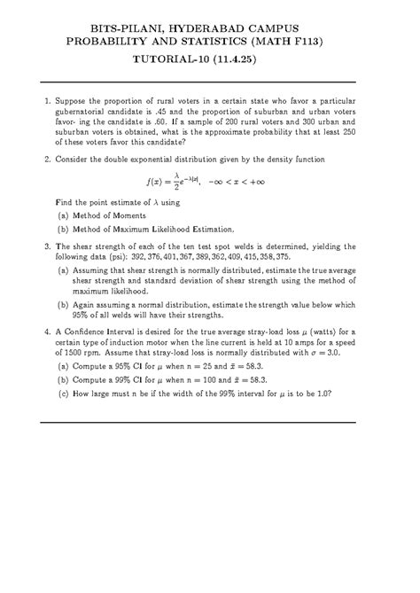 MATH F113: Probabilistic Analysis & Statistics Tutorial Problems - Studocu
