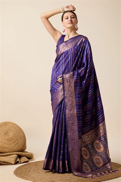 Buy Eggplant Purple Zari Woven Banarasi Saree Online - MySilkLove