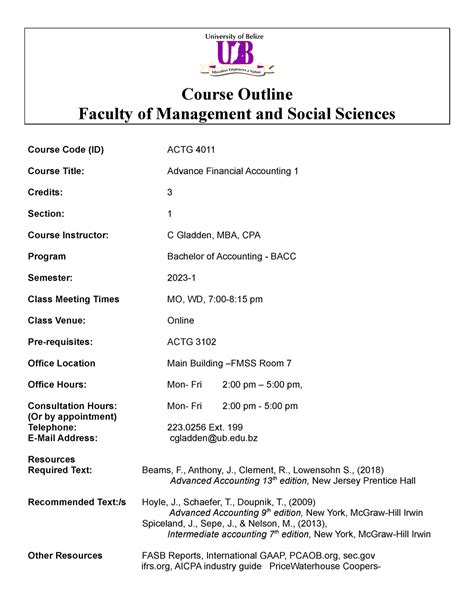 UB Course Outline Advanced 1 Aug2023 - Course Outline Faculty of ...