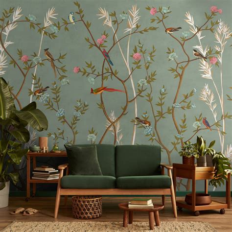 Green Chinoiserie Wallpaper with Flowers and Birds | Life n Colors