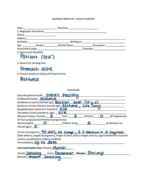 Health Assessment Health History form 2 - NUR2092 WRITE-UP 4 HEALTH ...