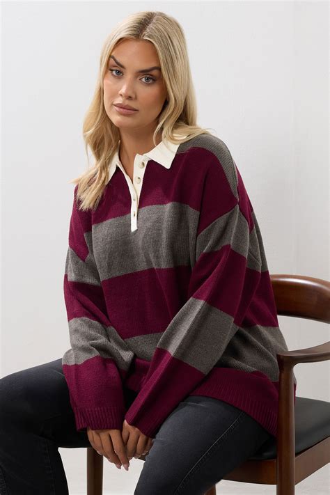 YOURS Plus Size Red Stripe Rugby Collar Jumper | Yours Clothing