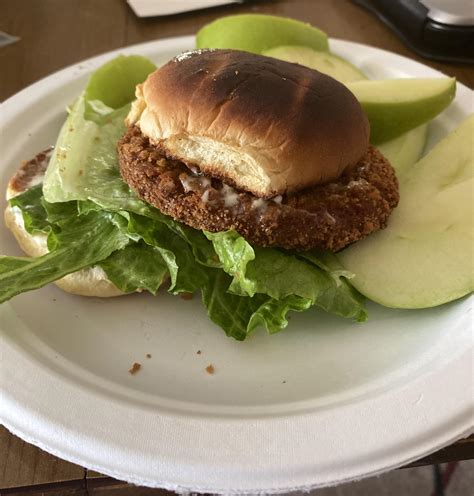 Burnt tiny roll, morning star chicken patty, and hand-teared romaine 🥰 ...