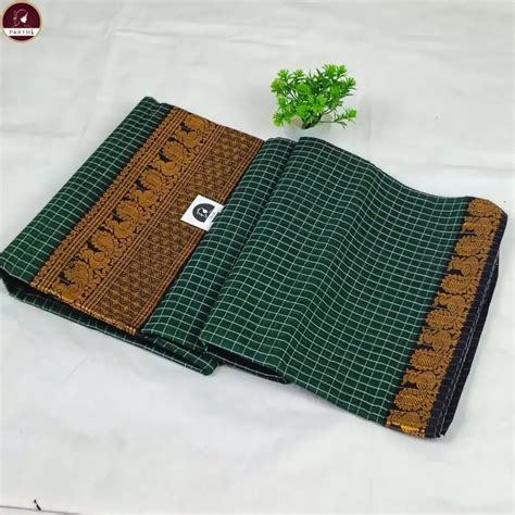 Pure South Cotton Check Saree – Green & Mustard Border | Parthi