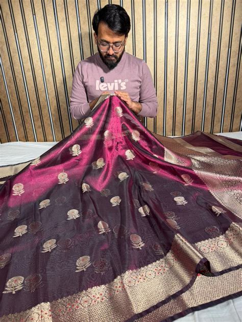 Majenta Violet Kora Tissue Silk Flower Buta Banarasi Saree – Unique ...