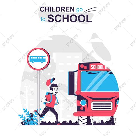 Children Go To School Isolated Cartoon Concept, Childhood, Bus, Hurry PNG and Vector with ...