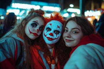 Teenage girls in halloween costumes at party doing selfie | Premium AI ...