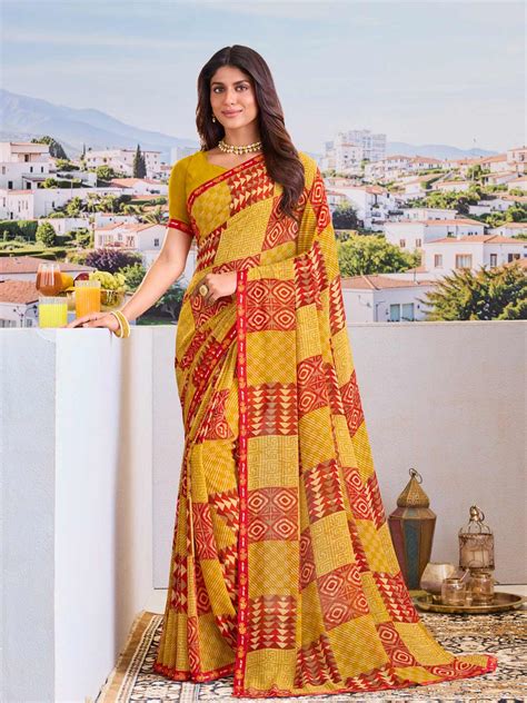 Laxmipati Riddhi Mustard Georgette Geometric Printed Saree