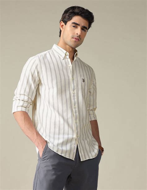 Buy Men Vertical Striped Button Down Shirt Beige|U.S. Polo Assn. India