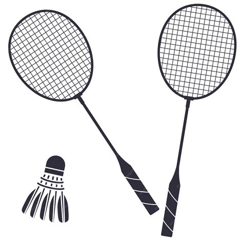 Two badminton rackets and a shuttlecock black illustration isolated on ...