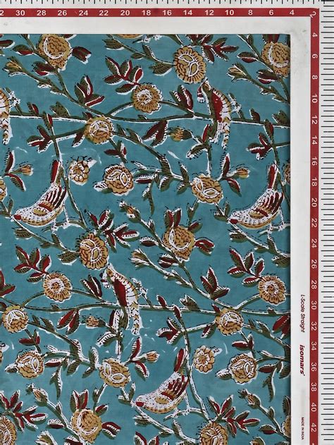 Firozi Blue Chidiya Jaal Pattern Cotton Cambric Sanganeri Hand Block P
