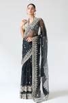Buy Black Tussar, Organza Embroidery, Mirrors Plunge Neck Saree Set For ...