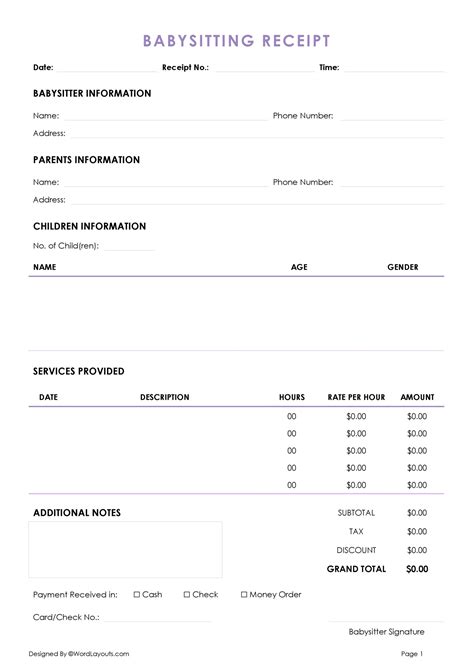 Babysitting Payment Receipt Template - WordLayouts