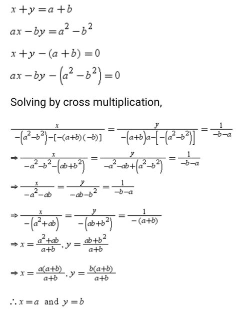 Solve for x and y by cross multiplication method: x + y= a - b , ax ...