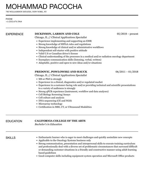 Clinical Applications Specialist Resume Samples | Velvet Jobs