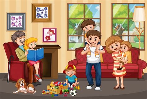 Scene with people in family relaxing at home | Premium Vector