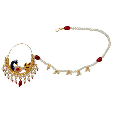 Peacock Design Red Nath AD CZ Studded with Pearl work for women – Meira ...