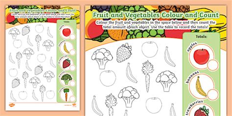 Fruits and Vegetables Colour and Count Worksheet