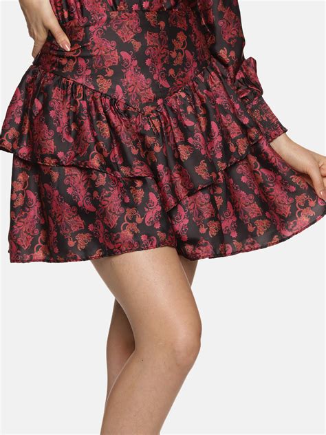 Black Satin Ruffle Mini Skirt For Women In Floral Print - ISUFashion
