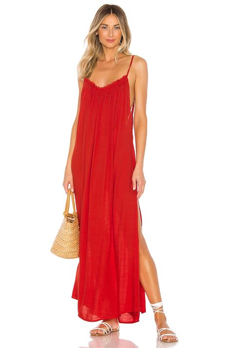 Indah Yasmine Solid Gathered Neckline Maxi Sundress in Poppy | REVOLVE