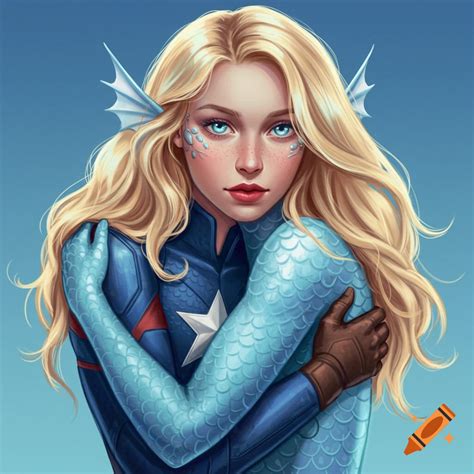 Blonde superhero Power Girl in a white costume with a cape stands in a city background ...