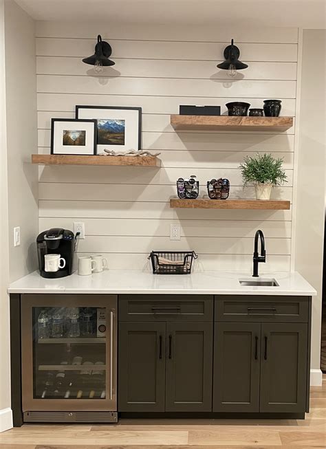 Basement Kitchenette with Open Shelving and Wall Shelves