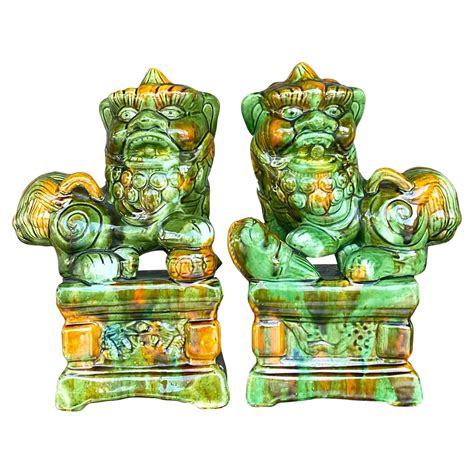 Large Scale Pair of Antique Majolica Ceramic Glazed Guardian Lions or ...