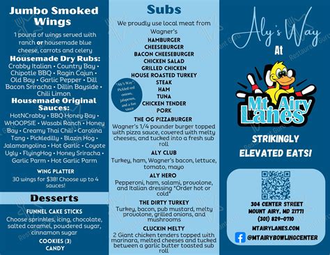 Menu at Mount Airy Bowling Lanes restaurant, Mount Airy